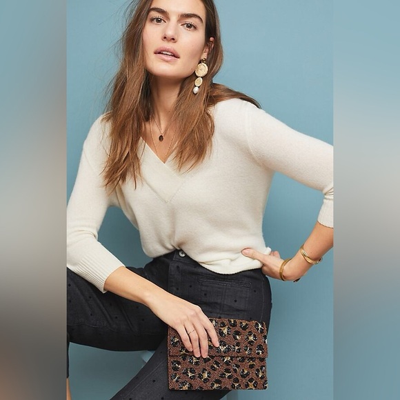 ANTHROPOLOGIE The Cashmere Collection Cassini V-Neck Sweater - Ivory - Sz XS - Picture 1 of 11